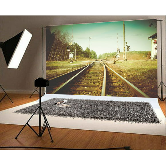 5x5FT Vinyl Backdrop Photographer,Train,Colorful Rail Network Vintage Background for Party Home Decor Outdoorsy Theme Shoot Props 